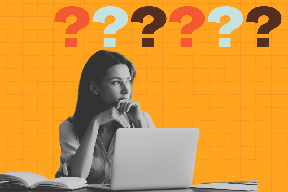 Woman sits at a laptop with question marks above her head.
